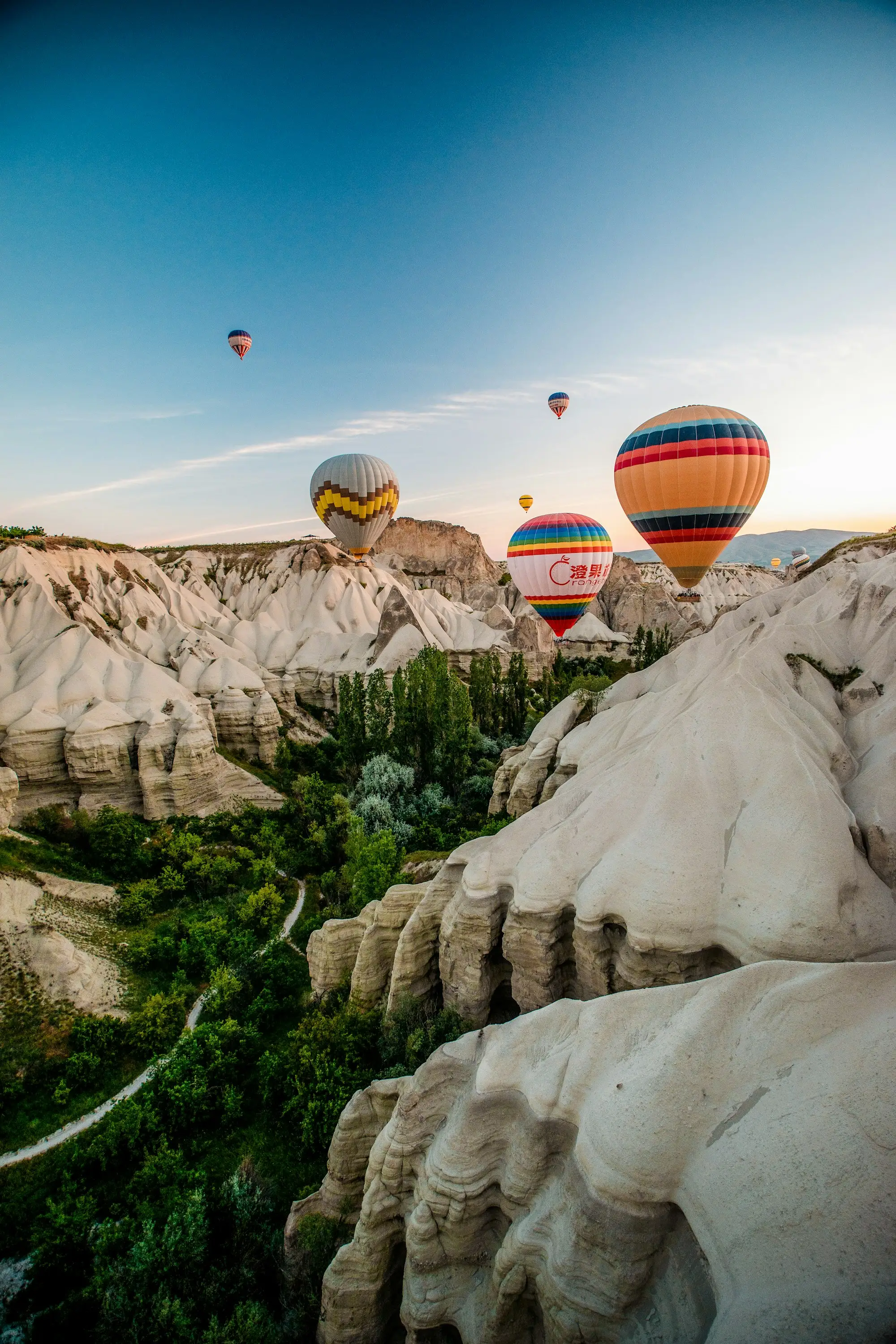 Kapadokya’da vadiler ve kaya oluşumları üzerinde uçan balonlar